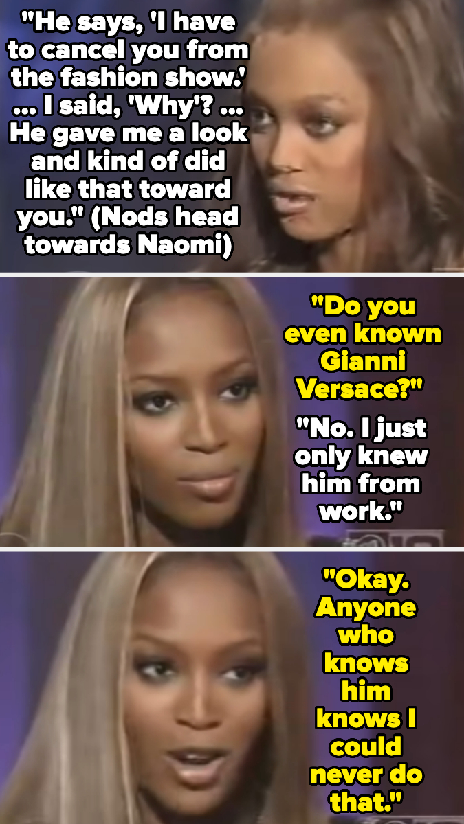 A video still with Tyra Banks and Naomi Campbell. Naomi recounts a conversation about meeting Gianni Versace. The text describes their exchange and her reaction