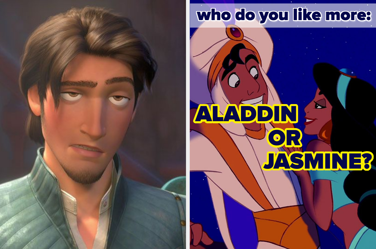 Flynn Rider from Tangled on the left panel. Aladdin and Jasmine from Aladdin are on the right panel with text asking, "Who do you like more: Aladdin or Jasmine?"