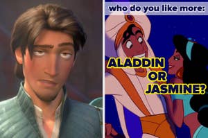 Flynn Rider from Tangled on the left panel. Aladdin and Jasmine from Aladdin are on the right panel with text asking, "Who do you like more: Aladdin or Jasmine?"