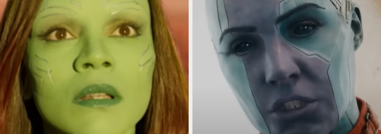 《银河守护者》中的伽莫拉（左）和星云（右），都具有独特的化妆和假肢特征