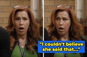 Side-by-side images of a surprised Lisa Ann Walter with the caption, "I couldn't believe she said that..."