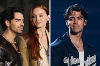 Joe Jonas and Sophie Turner smile on the left; Joe Jonas performs on the right