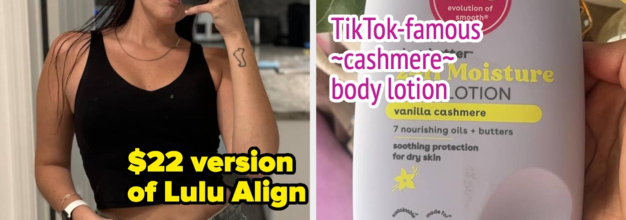 Person in black top showcasing $22 version of Lulu Align and EOS Vanilla Cashmere body lotion promoting moisturizing benefits for dry skin