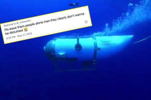 Submersible in deep water with text overlay of a tweet by user @kyleadelshay about leaving the people alone as they clearly don't want to be disturbed