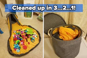 A collapsible kids' toy storage bag filled with colorful building blocks, easily converts to a tidy, round storage bin. Text reads, "Cleaned up in 3...2...1!"