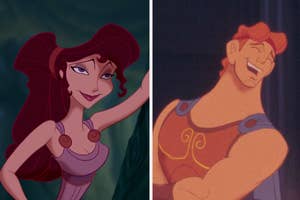 Megara and Hercules from Disney's animated film "Hercules," Megara poses with a confident expression while Hercules laughs heartily