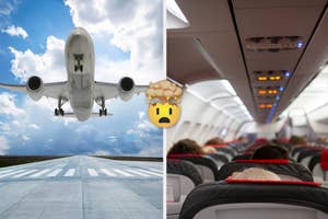 Split image showing airplane taking off and interior of airplane cabin with confused face emoji in between