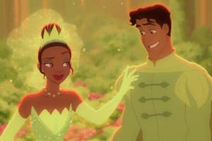 Tiana and Naveen from The Princess and the Frog, in wedding attire, smiling at each other in a magical forest setting