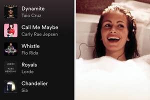 On the left, a 2010s Spotify playlist, and on the right, Julia Roberts in a bubble bath as Vivian in Pretty Woman