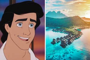 Left side: Prince Eric from The Little Mermaid smiles. Right side: Aerial view of a tropical island resort with overwater bungalows and mountainous backdrop