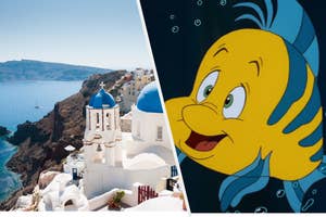 A scenic view of Santorini, Greece with white buildings and blue domes is juxtaposed with an image of Flounder from The Little Mermaid animated movie