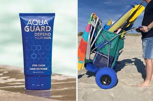 pre swim hair defense cream and a beach cart