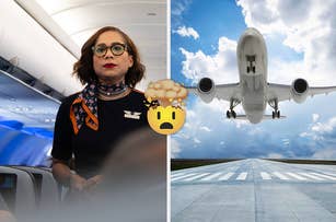 A flight attendant is on a plane in the left image, and a plane is taking off in the right image. Both images convey air travel