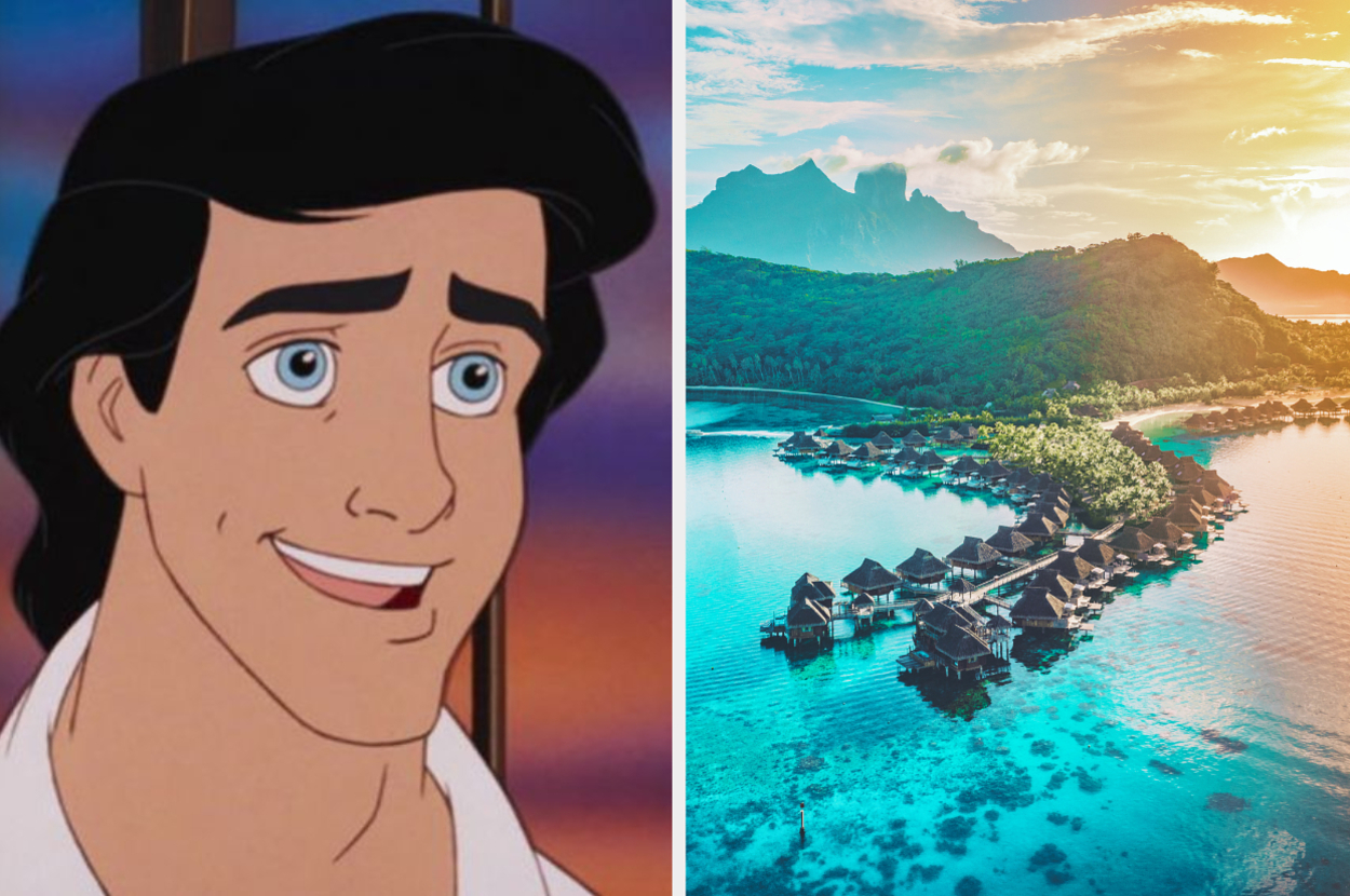 左边：《小美人鱼》中的埃里克王子笑了。右侧：热带岛屿度假村鸟瞰图，有水上平房和山地背景