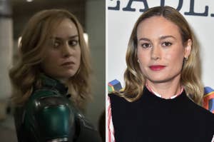Brie Larson shown on the left in a superhero costume from a movie scene, and on the right at a media event wearing a stylish outfit