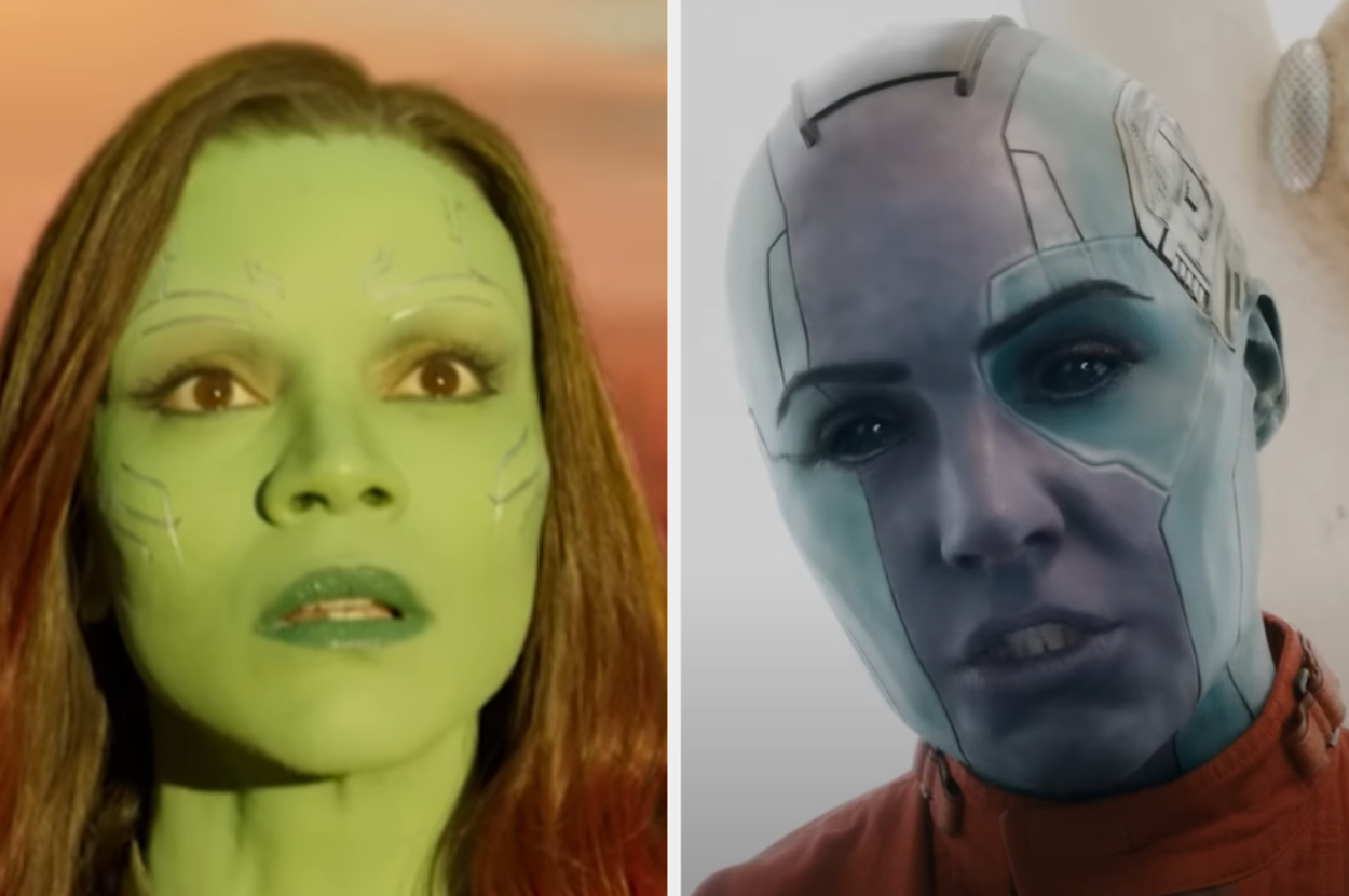 Gamora (left) and Nebula (right) from Guardians of the Galaxy, both in character with distinct makeup and prosthetics