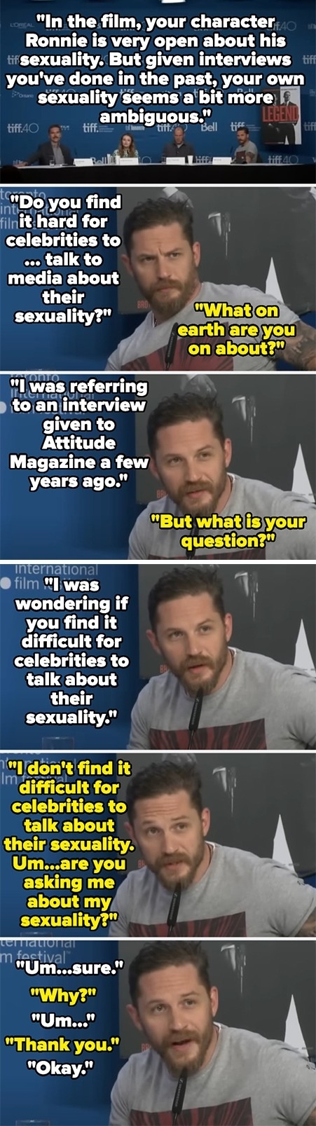 A person in a graphic asks, "Do you find it difficult for celebrities to talk about their sexuality?" Responding, the celebrity seems confused and asks for clarification repeatedly