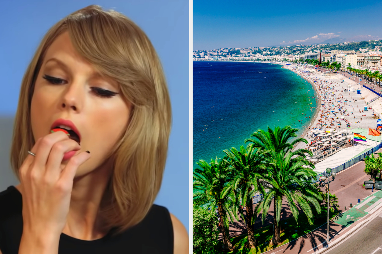 On the left, Taylor Swift eating a strawberry, and on the right, a beach in Nice, France