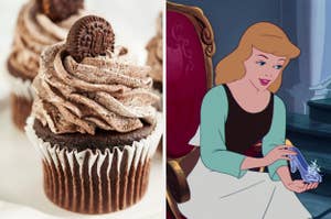 Chocolate cupcakes with cookies and cream frosting on the left. Cinderella holding a glass slipper on the right