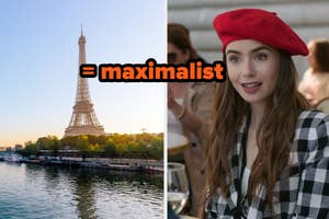 Lily Collins wearing a red beret and checkered coat next to an image of the Eiffel Tower with text overlay “= maximalist”