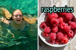 On the left, Amanda Seyfried swimming in the sea in Greece as Sophie in Mamma Mia, and on the right, a bowl of raspberries