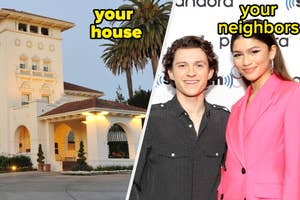 On the left, a mansion labeled "your house." On the right, Tom Holland and Zendaya labeled "your neighbors."