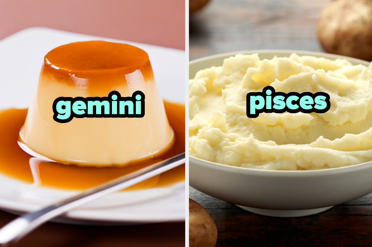 A flan labeled "gemini" on the left and a bowl of mashed potatoes labeled "pisces" on the right