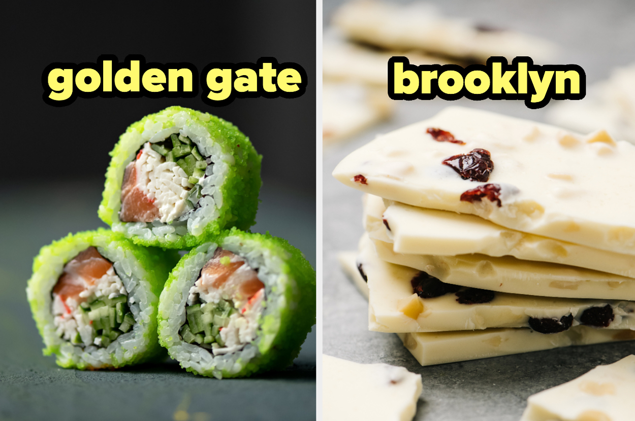 Side-by-side images: Three green sushi rolls labeled "golden gate" on the left, and stacked white chocolate pieces with cranberries labeled "brooklyn" on the right