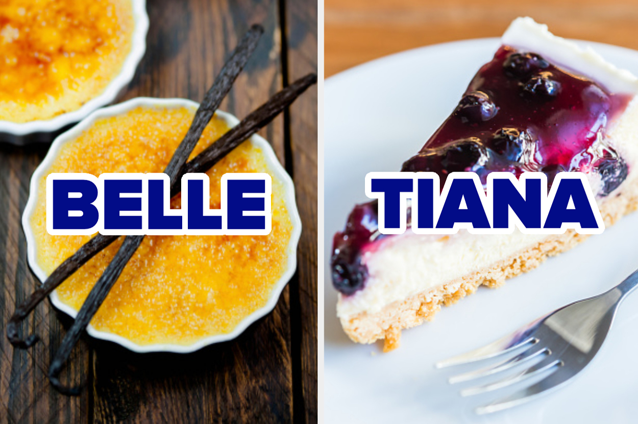 Crème brûlée labeled "Belle" next to a blueberry cheesecake labeled "Tiana," with a fork on the plate