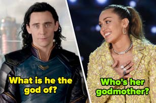 Tom Hiddleston dressed as Loki in costume. Miley Cyrus smiling in a sparkly outfit. The image includes text: "What is he the god of?" and "Who's her godmother?"