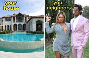 Large mansion with pool labeled "your house." Beyoncé, in a stylish dress, and Jay-Z, in a pink suit, labeled "your neighbors."