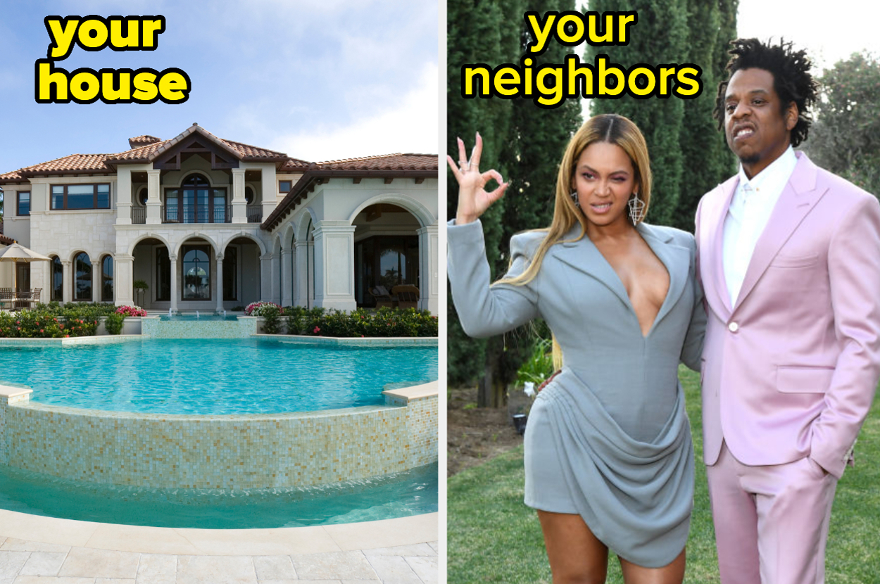 大宅邸的游泳池上写着“你的房子”。碧昂丝穿着时髦的裙子，杰伊-Z穿着粉红色的西装，上面写着“邻居”