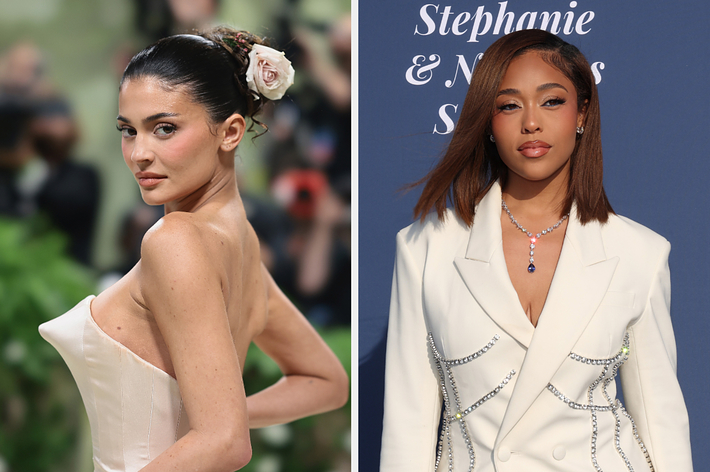 Left: Kylie Jenner in a strapless dress with a floral accessory in her hair. Right: Jordyn Woods in a white blazer with embellishments
