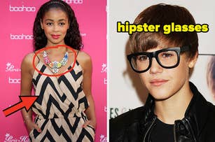 Left: Aryn De La Torre in a chevron print dress and a statement necklace; Right: a young Justin Bieber wearing thick hipster glasses