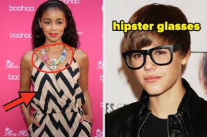 Left: Aryn De La Torre in a chevron print dress and a statement necklace; Right: a young Justin Bieber wearing thick hipster glasses