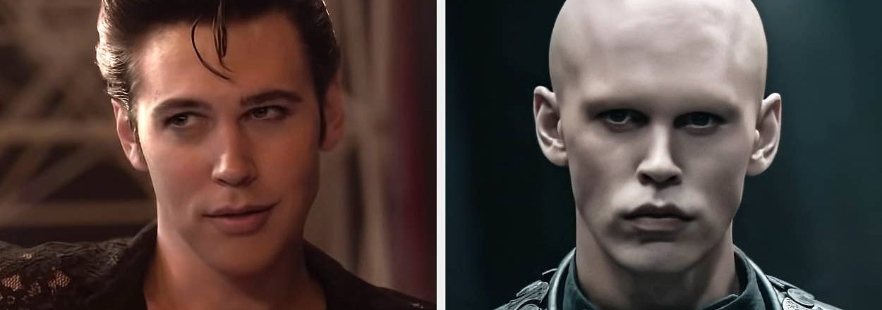 Left: Austin Butler in vintage-style attire. Right: Bill Skarsgård as a bald character in a futuristic outfit
