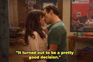 Zooey Deschanel and Jake Johnson embrace and appear close to kissing, with text overlay: "It turned out to be a pretty good decision."