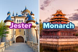 A side-by-side image comparison: left, a grand castle labeled "Jester"; right, a traditional East Asian palace labeled "Monarch"