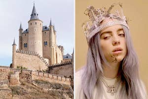 Left: Stone castle with multiple towers and turrets. Right: Billie Eilish wearing a crown and a spider on her face
