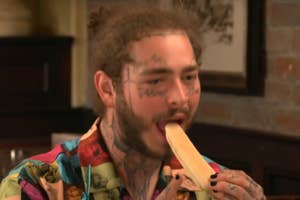 Post Malone eating an Olive Garden breadstick