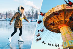 A woman ice skating outdoors in winter gear on the left side of the image. On the right, people riding a colorful swing carousel at an amusement park