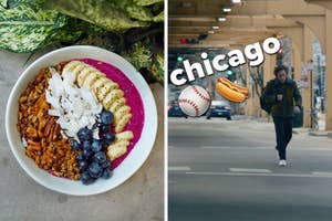 Left: A smoothie bowl topped with granola, banana slices, coconut flakes, blueberries, and pecans. Right: A man running in a Chicago street under a raised train track