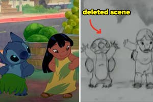 Lilo and Stitch animated scene next to a storyboard of a deleted scene showing Stitch and Lilo in a different pose
