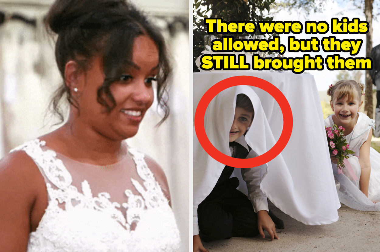 Bride in a lace gown cringing on left; pn the right, two children hide under a tablecloth at a wedding with text reading, "There were no kids allowed, but they STILL brought them"