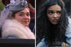 Left image: Florence Pugh in period attire with a hat and fur-trimmed cape. Right image: Rachel Zegler with long, loose hair, looking concerned