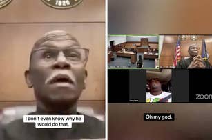 Judge Kenneth R. DeWitt reacts with surprise during a virtual courtroom session. The session includes Corey Harris and another participant on the Zoom screen