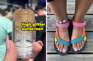 A hand holds a stick of high glitter sunscreen SPF 40; next to it, feet with white toenail polish are shown wearing colorful sandals