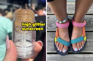 A hand holds a stick of high glitter sunscreen SPF 40; next to it, feet with white toenail polish are shown wearing colorful sandals