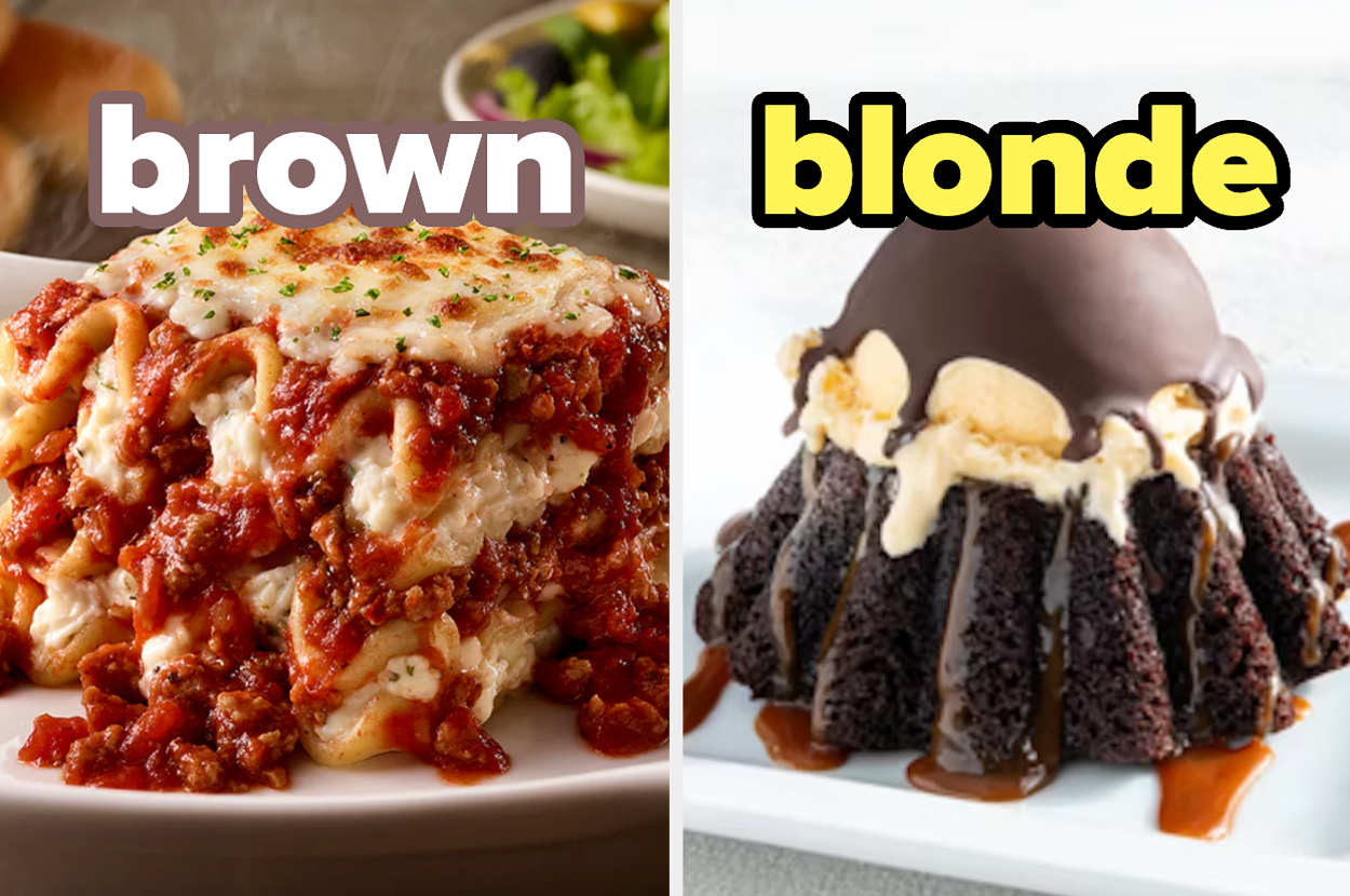 On the left, a slice of lasagna from Olive Garden labeled brown, and on the right, a molten chocolate cake from Chili's labeled blonde