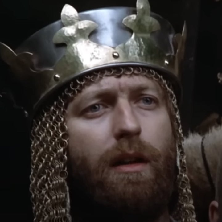 A scene with King Arthur, portrayed by Graham Chapman, wearing a chainmail headpiece, from the film Monty Python and the Holy Grail